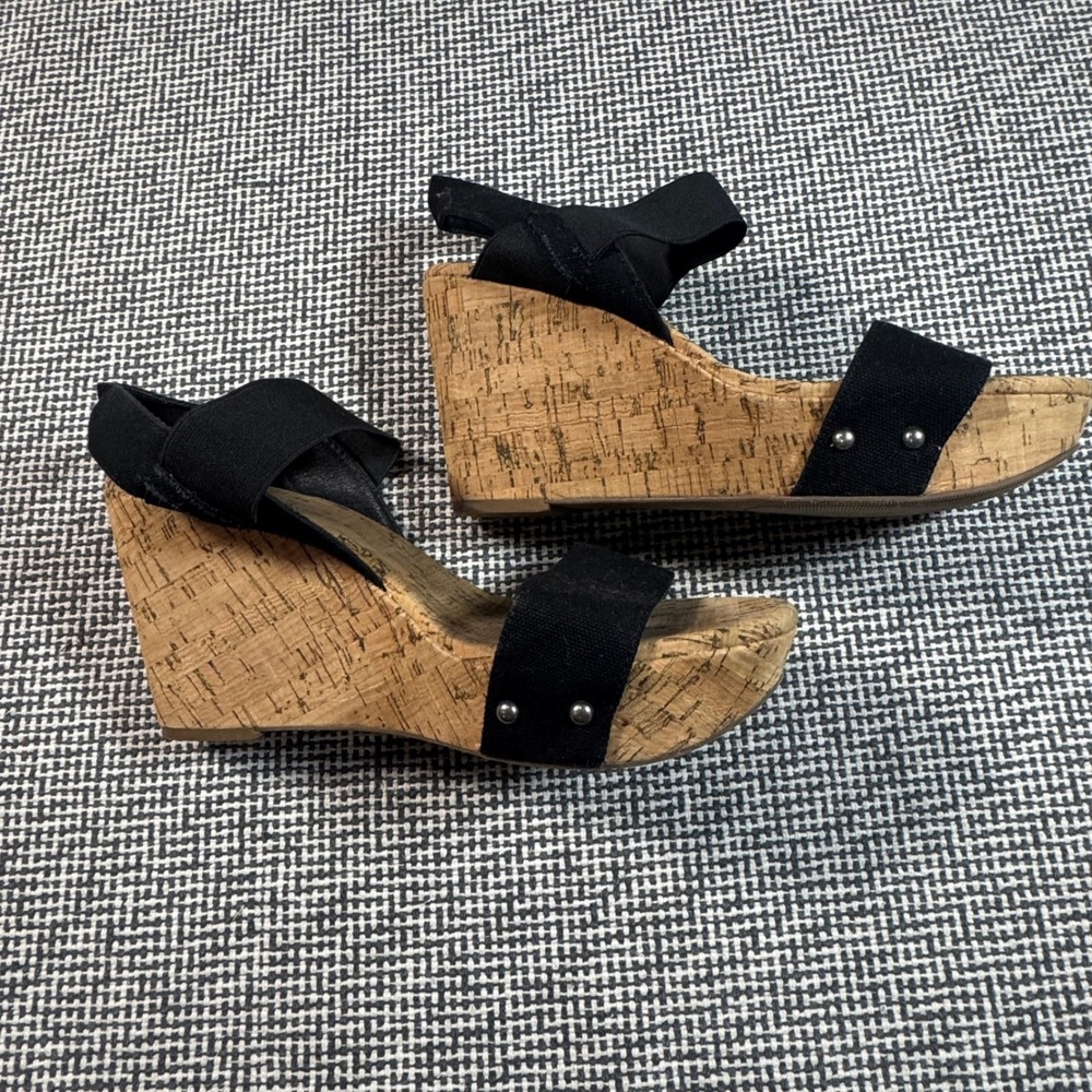 Lucky Brand Womens Black Elastic Strappy Cork Platform Wedge Sandals Sz 10
